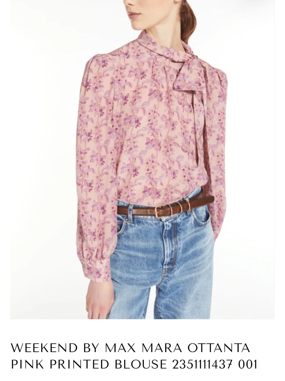 Weekend Max Mara Medium Pink Floral Printed 100% Silk Long Sleeved Tie Neck Top